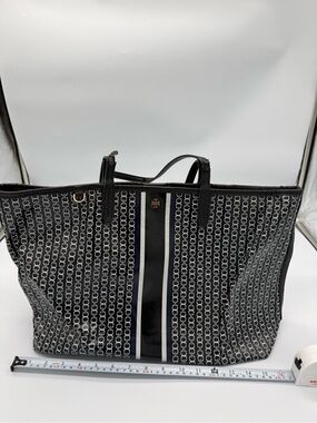 Tory Burch Black Monogram Tote with Center Patent Stripe see pics for damages